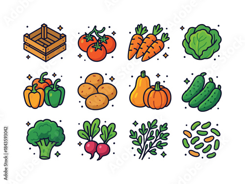 Colorful Farm Fresh Icons. farm fresh produce. Colorful isometri