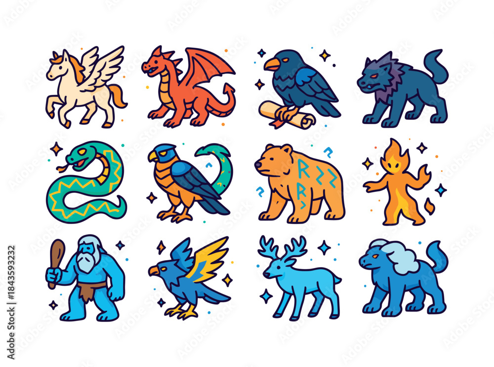 Obraz premium Mythical Creature Icons. Mythic Creatures. Colorful isometric ve