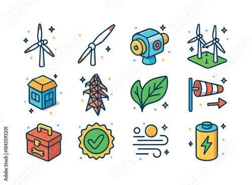Colorful Wind Energy Icons. Wind energy. Colorful isometric vect
