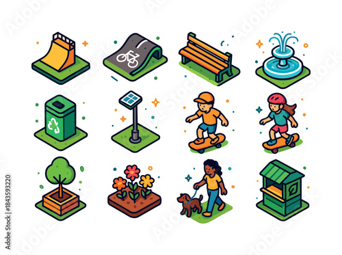 Vibrant Park Icons. Green City Park. Colorful isometric vector i