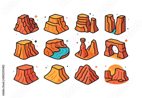 Colorful Canyon Icons. Canyons and Cliffs. Colorful isometric ve