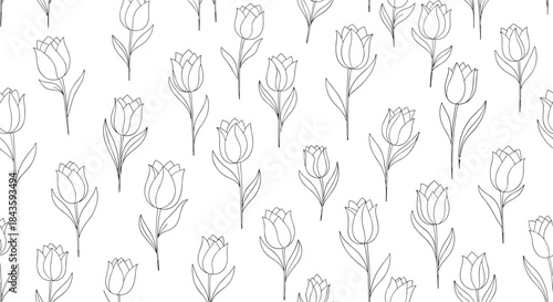 Seamless pattern of black line tulip motifs on a white background featuring stylized flowers and slender stems suitable for textiles and graphic design.