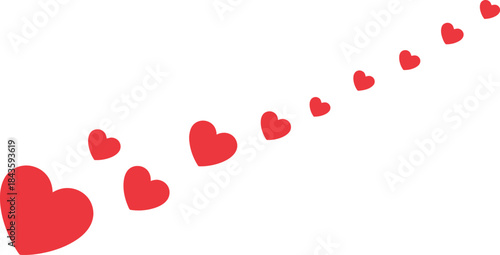 A cascading trail of red hearts in various sizes moving from left to right, symbolizing love and affection