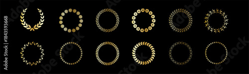 Collection of golden laurel wreaths and circular frames for awards and achievements