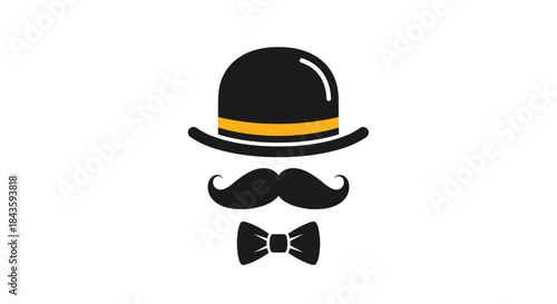 Icon of dapper gentleman accessories featuring a bowler hat with a yellow band a bold curled mustache and a classic bow tie in a clean black silhouette.