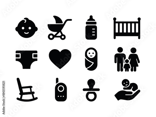 New Parent Essentials. New Parents. Solid icon set of New Parent
