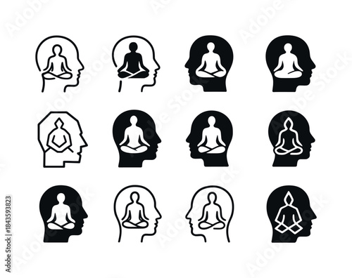 Meditation Logo Variations. Meditating. Icon set. Set Logo of me
