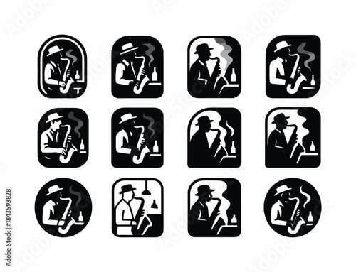 Jazz Saxophone Logo Grid. a jazz musician playing a saxophone in