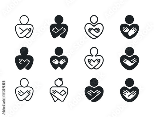 Self-Love Icon Variations. A person hugging themselves, practici