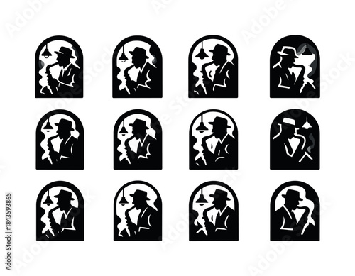 Jazz Saxophone Logo Grid. a jazz musician playing a saxophone in