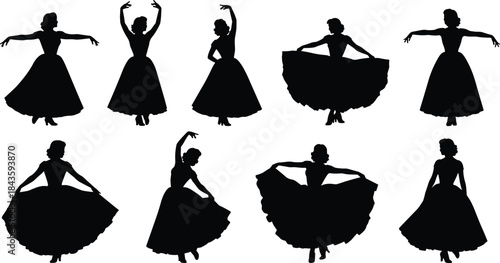 Dancer silhouettes, flowing dresses, graceful poses, vector clipart, black and white, expressive movement, classical dance, elegance, posture, art