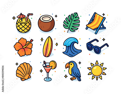 Tropical Icon Set. Tropical Vibes. Colorful isometric vector ico