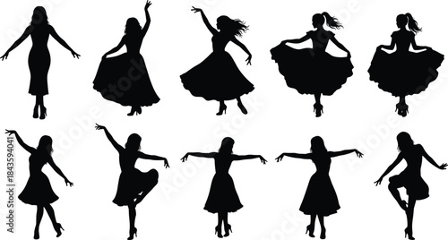 Dancing women silhouettes, graceful poses, flowing dresses, vector clipart, black and white, elegant motion, expressive gesture, performance, art, rhythm