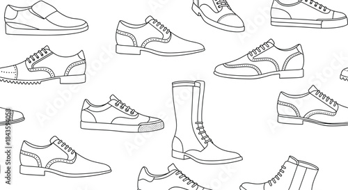 Pattern of black outlined shoes and boots scattered across a white background ideal for fashion footwear design and stock imagery use.