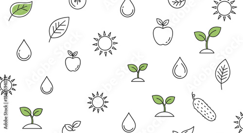 Seamless pattern of eco farming icons showing leaves seedlings sun water droplets and fruits for nature sustainability and growth themes.