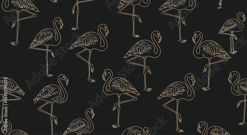 Flamingos stand on one leg in a delicate line art pattern that repeats across a black background creating a refined timeless texture for fabric or wallpaper