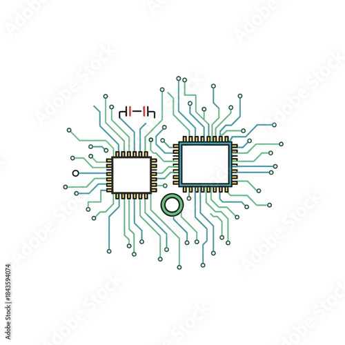 Microchip circuit board with connections and wiring
