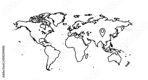 World map illustrating a global view with a prominent location pin placed in Asia to indicate a specific travel destination and point of interest.