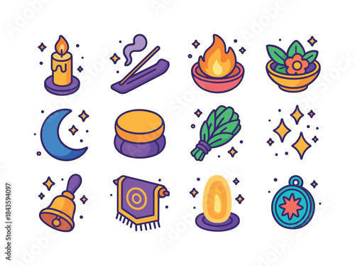 Colorful Candle Ritual Icons. candle ritual. Colorful isometric