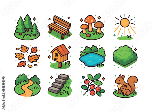 Peaceful Woodland Icons. Peaceful woodland. Colorful isometric v