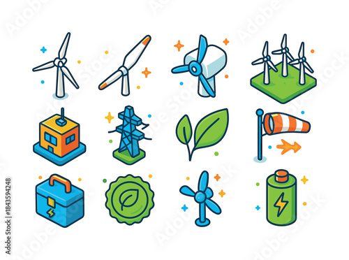 Colorful Wind Energy Icons. Wind energy. Colorful isometric vect