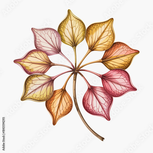 This visually striking image portrays a stunning arrangement of colorful autumn leaves, highlighting the beauty of nature and the changing seasons in a delicate artistic style.