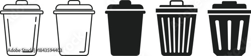 Trash Bin and Garbage Can Icon Set Showing Multiple Styles for Waste Management, Recycling Concepts, Cleanup Symbols, and Minimal UI Design