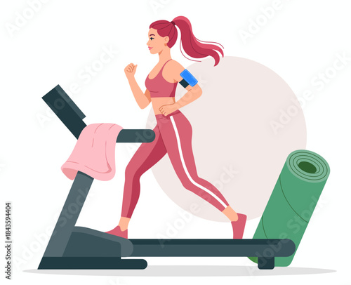 A determined woman jogs on a treadmill, embodying a fitness lifestyle, while modern fitness equipment and accessories reflect the importance of health and well-being.