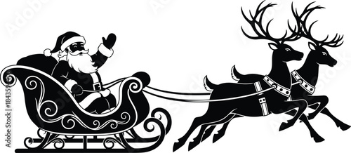 Santa Claus silhouette, sleigh with reindeer, Christmas vector, festive clipart, black and white, holiday tradition, flying scene, scrollwork