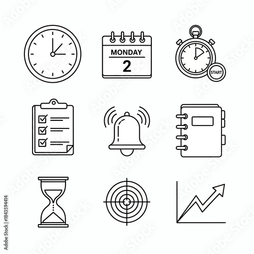 Time management and organization icons set