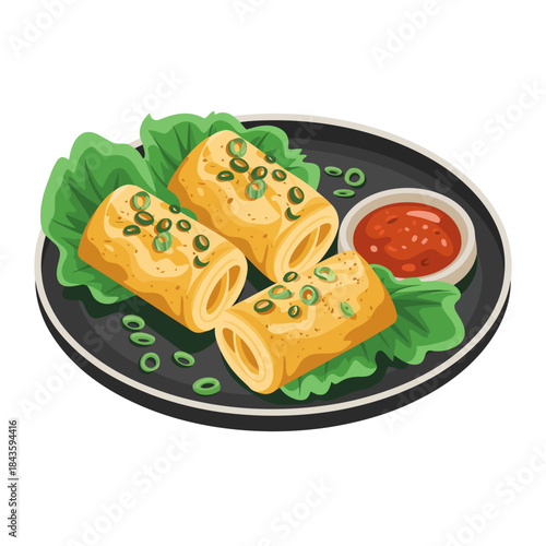 A beautifully presented plate of spring rolls garnished with green onions and served with spicy sauce, showcasing delicious Asian cuisine and perfect for food lovers.