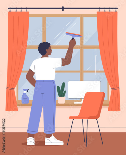 This image presents a person using a squeegee to clean a window in a bright and inviting room, highlighting themes of cleanliness, domesticity, and maintaining a pleasant environment.