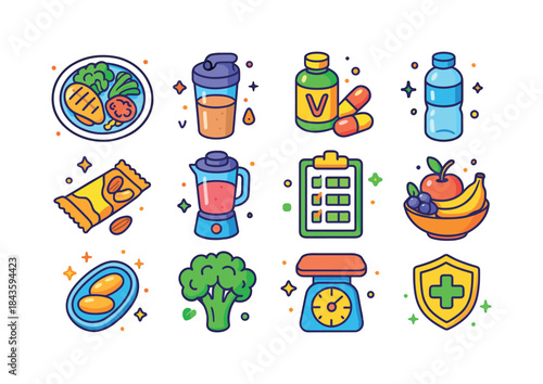 Nutrition Recovery Icons. Nutrition for recovery. Colorful isome