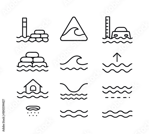 Flood Zone Icons. Flood Zone. Line icon set of Flood Zone: bound
