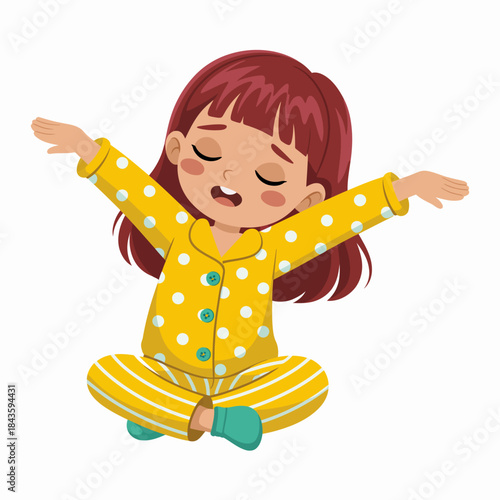 A cheerful girl dressed in yellow polka dot pajamas joyfully raises her arms, expressing happiness and joy, representing childlike wonder and carefree moments of childhood.
