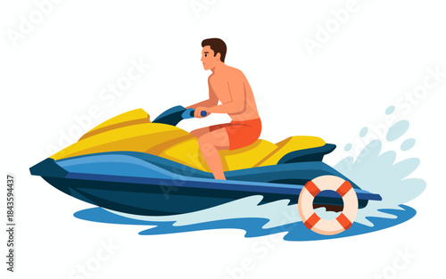 A young man rides a jet ski over the water, epitomizing adventure and freedom, as the splashing waves and summer vibes create an exhilarating aquatic experience.