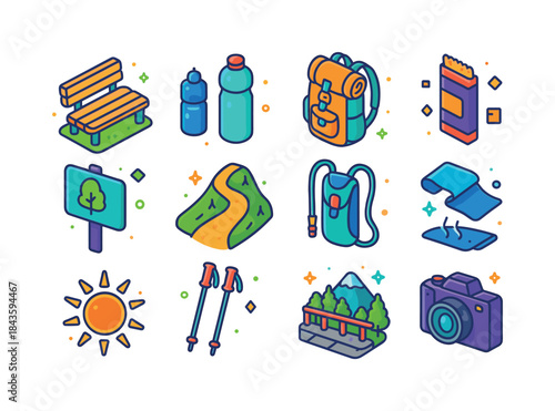 Trail Rest Stop Icons. Trail rest stop. Colorful isometric vecto