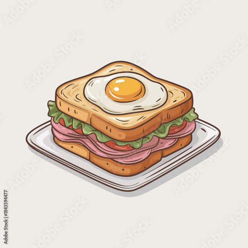 This image showcases a mouthwatering breakfast sandwich featuring ham, lettuce, and a sunny-side-up egg, perfect for food lovers and breakfast enthusiasts alike.
