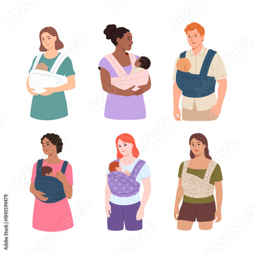 A collection of diverse parents carrying their babies in slings, showcasing love, care, and the strong bond between them and their little ones in nurturing moments.