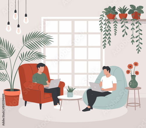 A modern living room featuring two individuals working on laptops in a cozy environment filled with plants and natural light, ideal for illustrating remote work and collaboration.