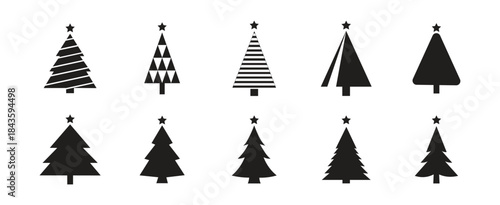 Pine tree silhouette and outline vector set. Christmas tree icon collection. Evergreen, fir, spruce forest graphic elements. Winter holiday design asset for decoration.