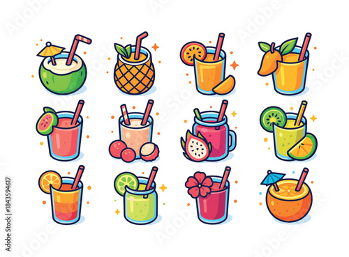 Colorful Tropical Drink Icons. Tropical drinks. Colorful isometr