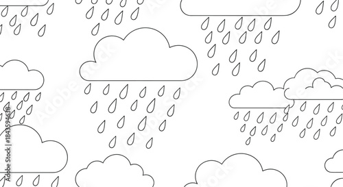 Cloudy sky pattern featuring multiple fluffy rain clouds and evenly spaced teardrop raindrops across a clean white background for weather themed stock use.