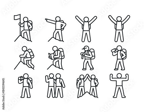Summit Hiker Icons. Hiker actions at the summit. Line icon set o