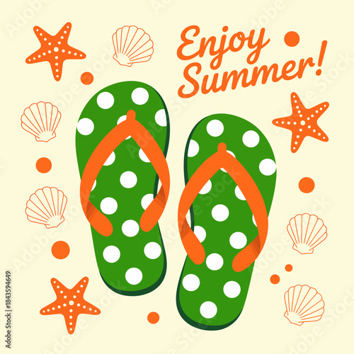 A vibrant pair of flip-flops rests on sandy beach, capturing the essence of summertime fun and relaxation, perfect for summer vacation imagery.