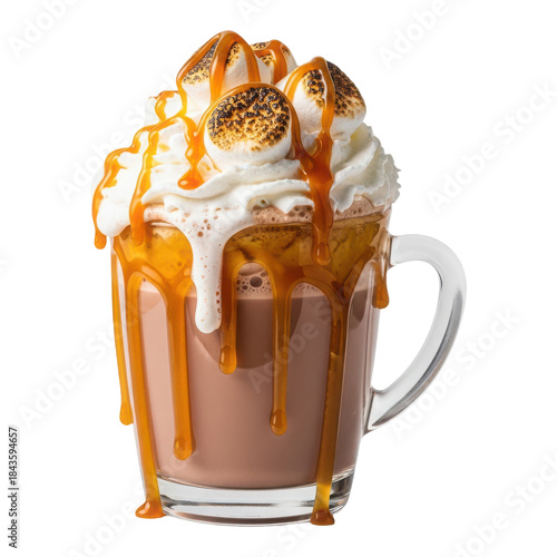 Caramel marshmallow hot chocolate isolated on a transparent background