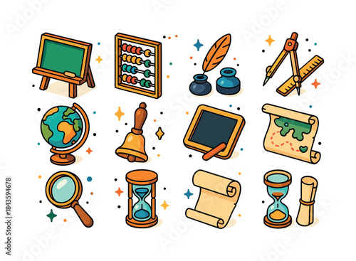 Vintage Teaching Icons. Vintage teaching tools. Colorful isometr