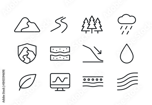 Watershed Protection Icons. Watershed protection. Line icon set