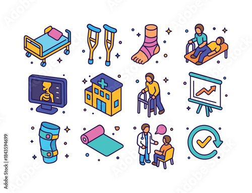 Injury Recovery Icons. Injury recovery. Colorful isometric vecto