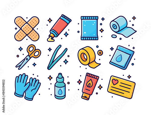 First Aid Essentials. First Aid Supplies. Colorful isometric vec